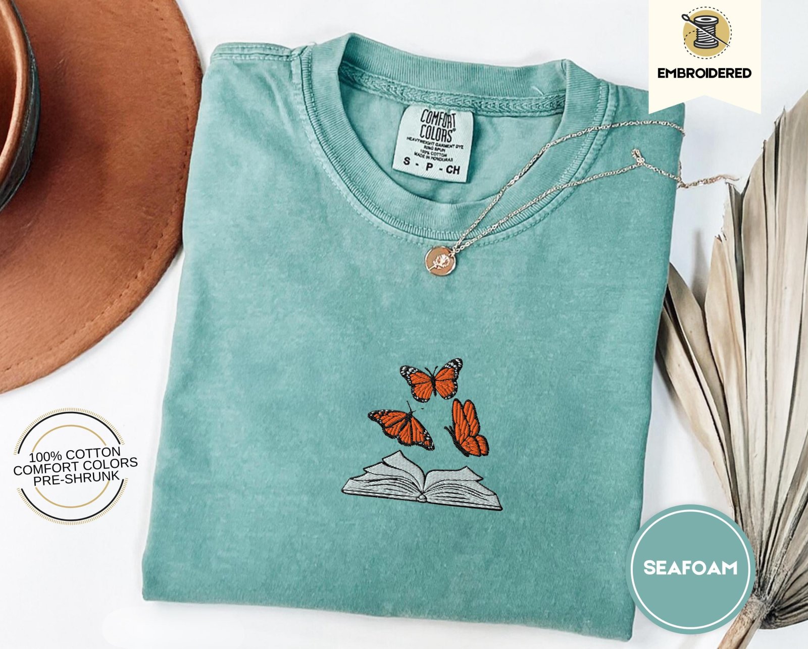 Seafoam Butterflies and Open Book Embroidered T-Shirt