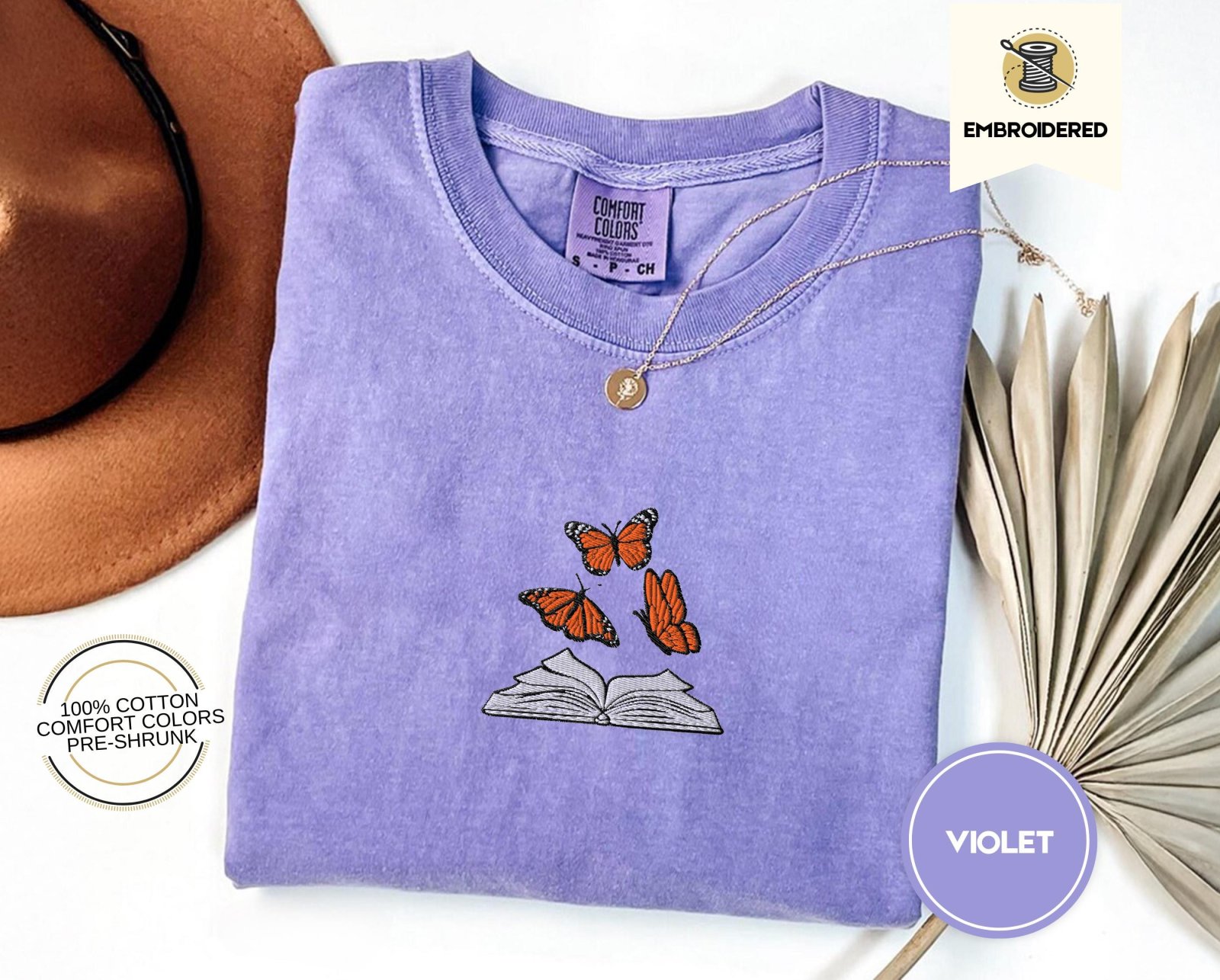 Violet Butterflies and Open Book Embroidered T-Shirt