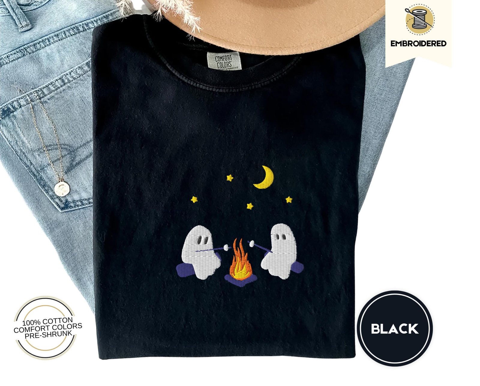 Black Campfire Ghosts Embroidered T-Shirt