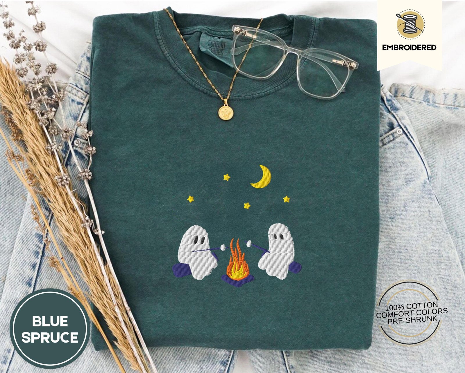 Blue Spruce Campfire Ghosts Embroidered T-Shirt