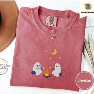 Crimson Campfire Ghosts Embroidered T-Shirt