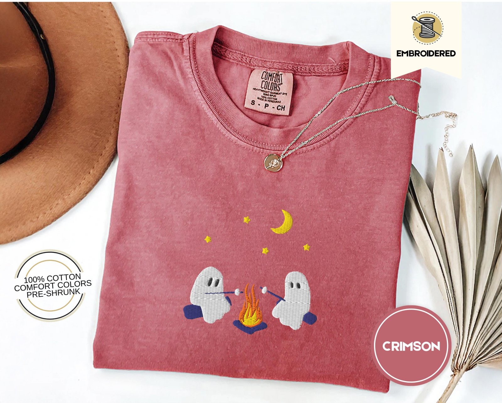 Crimson Campfire Ghosts Embroidered T-Shirt