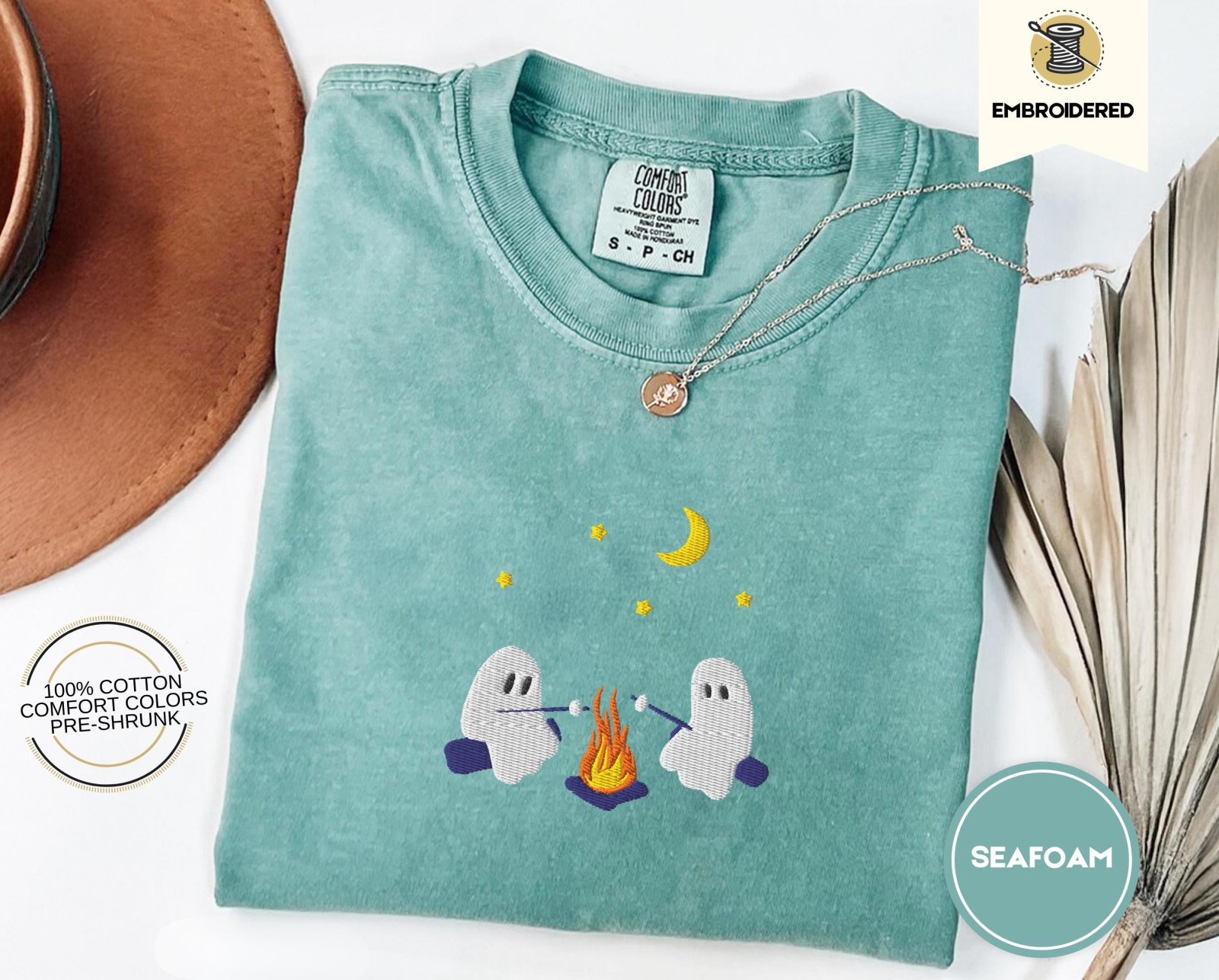 Seafoam Campfire Ghosts Embroidered T-Shirt