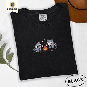 Black Campfire Raccoons Embroidered T-Shirt