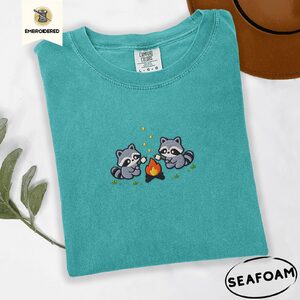 Seafoam Campfire Raccoons Embroidered T-Shirt