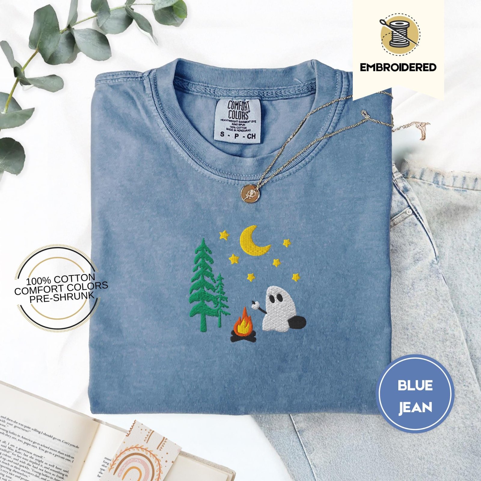 Blue Jean Camping Ghost Embroidered T-Shirt