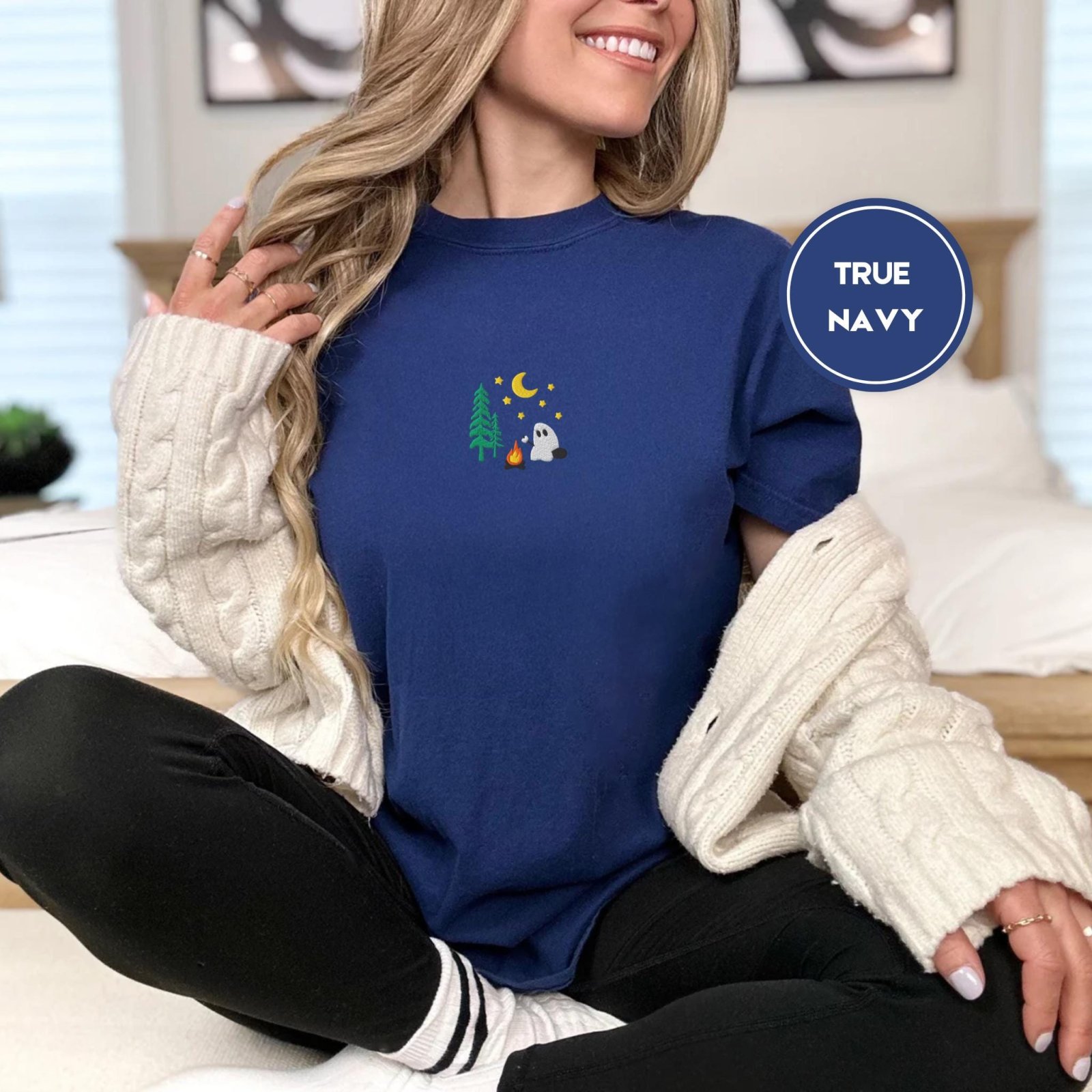 Person wearing a true navy Camping Ghost Embroidered T-Shirt