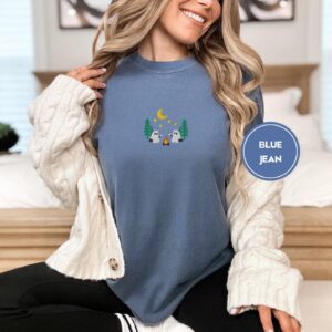 Person wearing a blue jean Camping Ghosts Embroidered T-Shirt