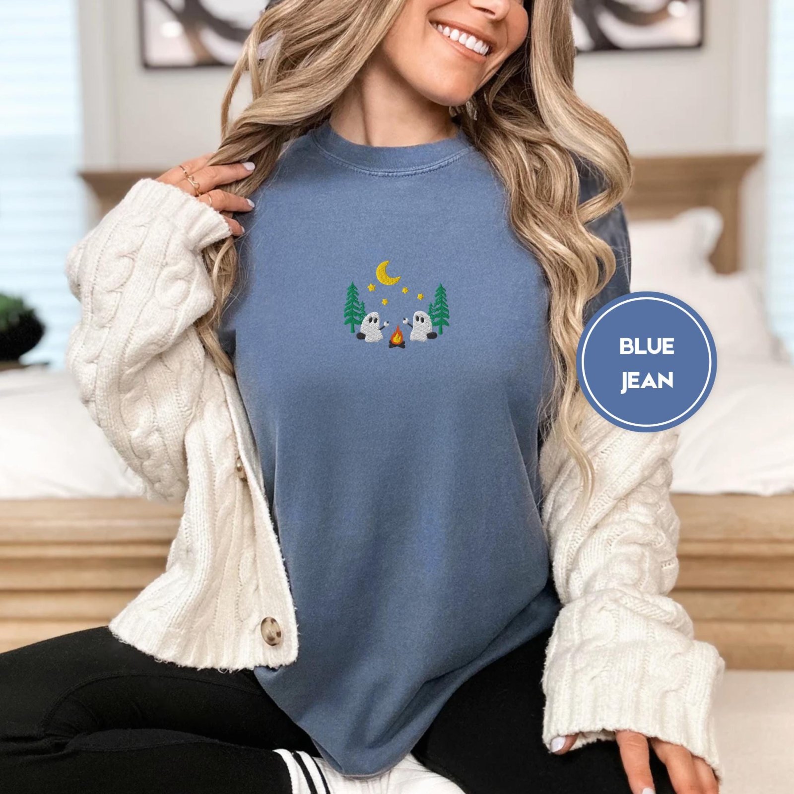 Person wearing a blue jean Camping Ghosts Embroidered T-Shirt