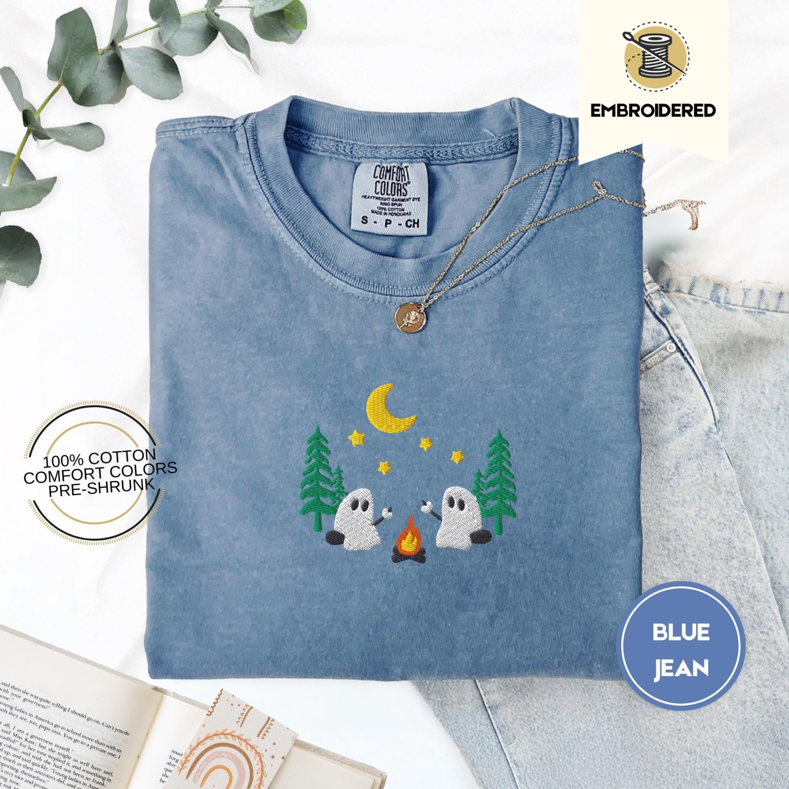 Blue Jean Camping Ghosts Embroidered T-Shirt