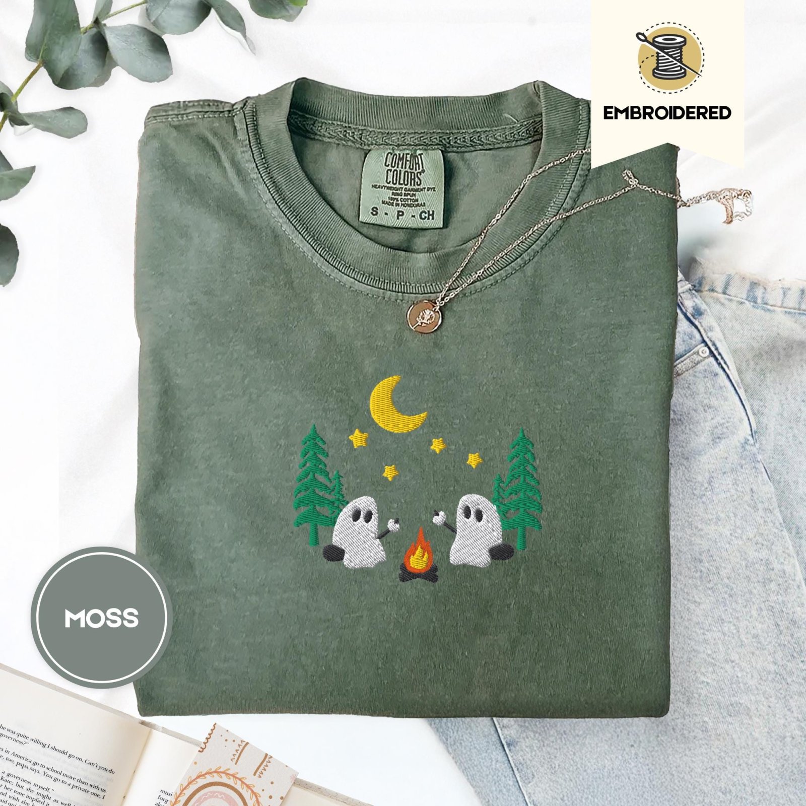 Moss Camping Ghosts Embroidered T-Shirt
