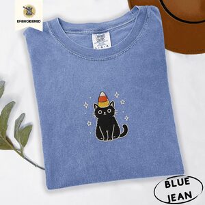 Blue Jean Candy Corn Black Cat Embroidered T-Shirt