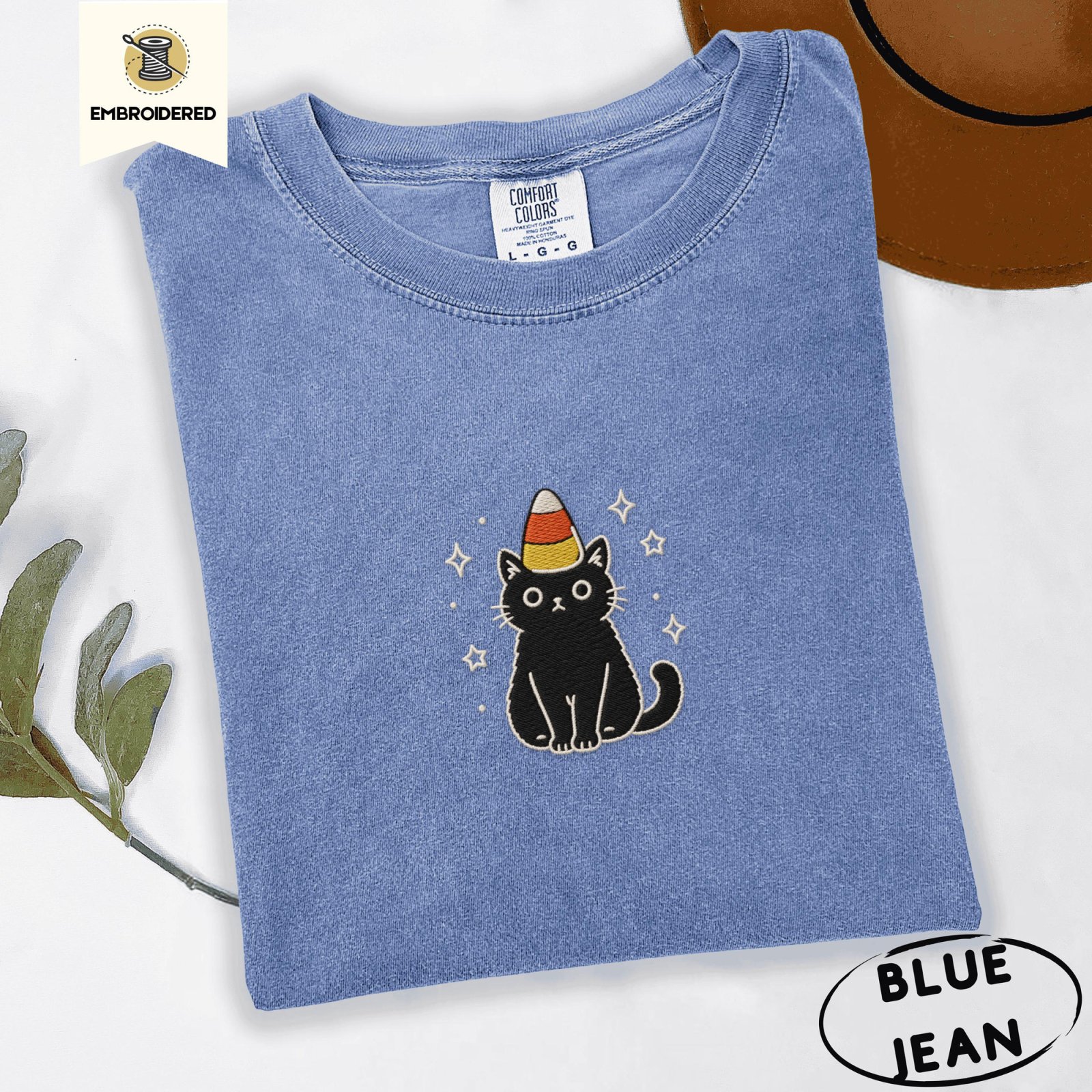 Blue Jean Candy Corn Black Cat Embroidered T-Shirt