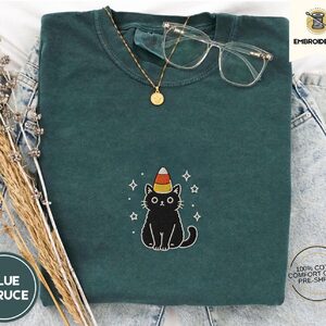 Blue Spruce Candy Corn Black Cat Embroidered T-Shirt