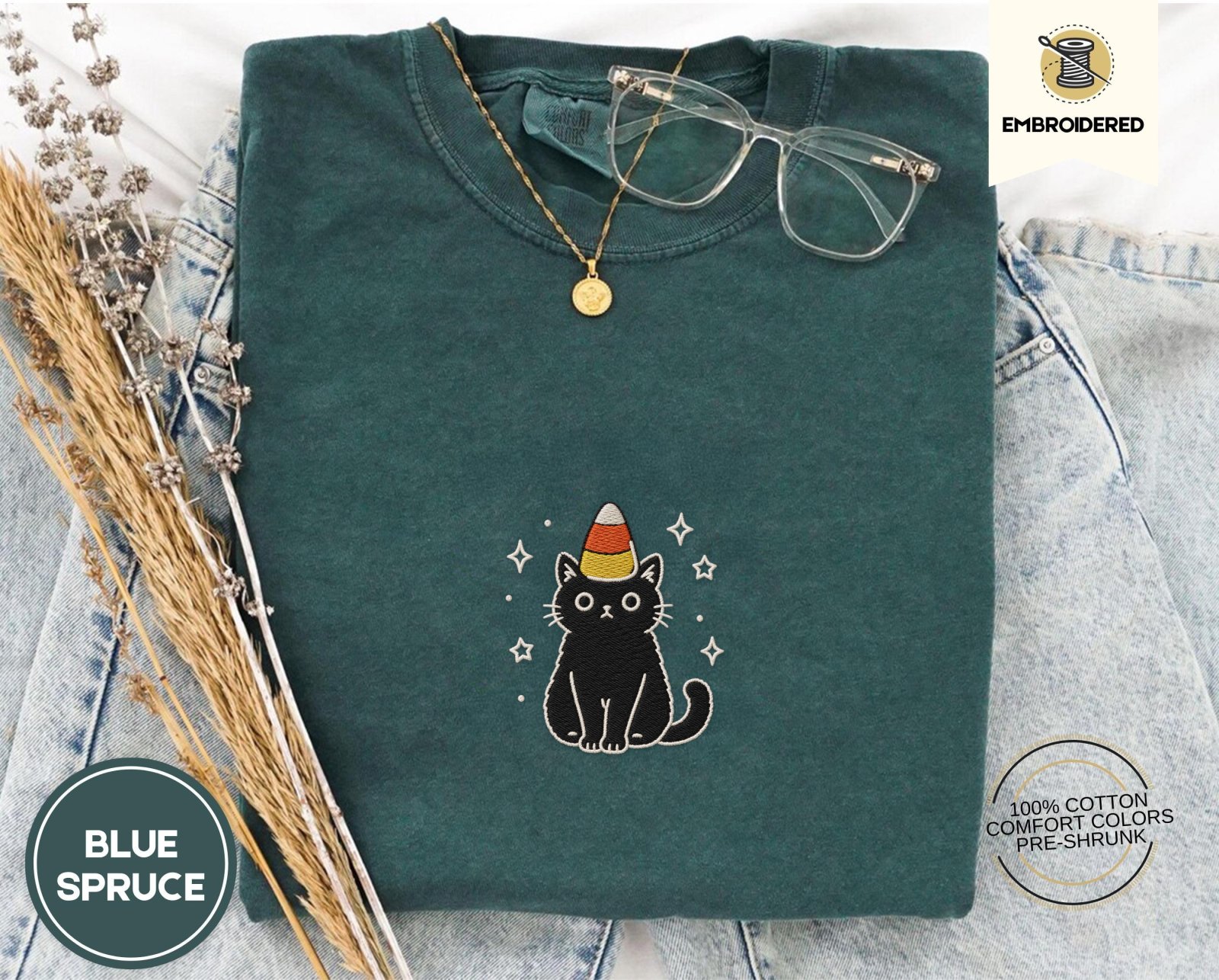 Blue Spruce Candy Corn Black Cat Embroidered T-Shirt