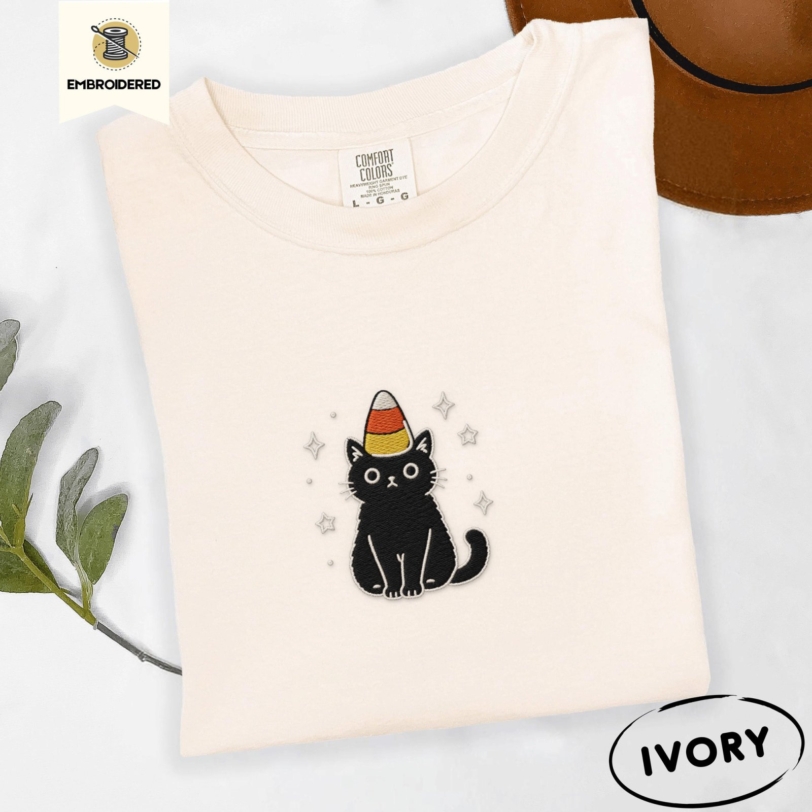 Ivory Candy Corn Black Cat Embroidered T-Shirt