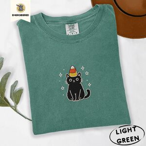 Light Green Candy Corn Black Cat Embroidered T-Shirt