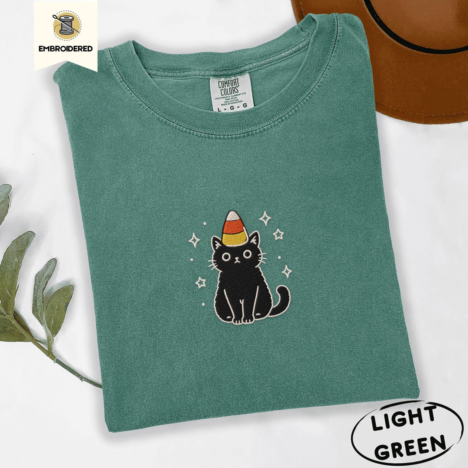 Light Green Candy Corn Black Cat Embroidered T-Shirt