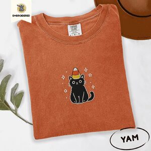 Yam Candy Corn Black Cat Embroidered T-Shirt