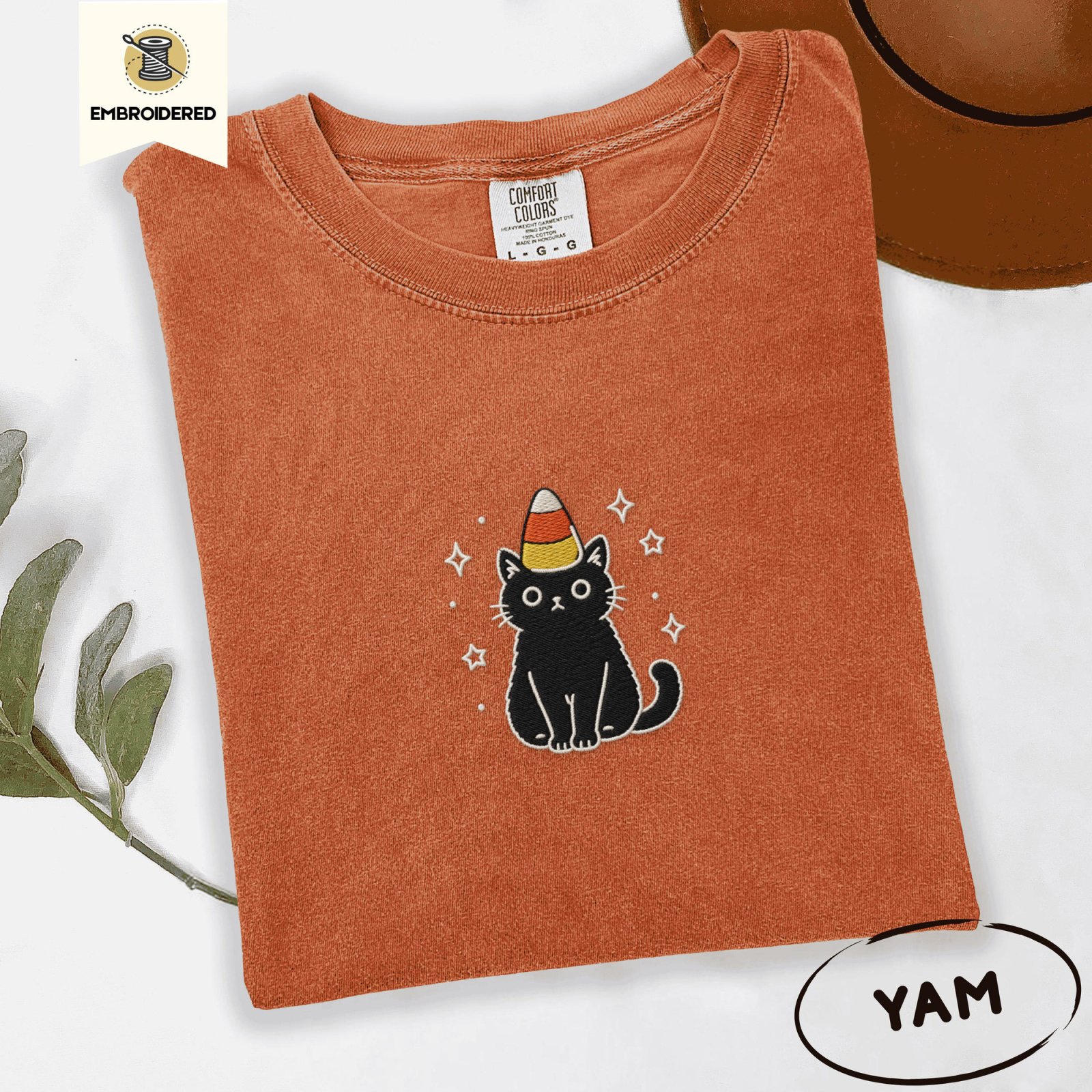 Yam Candy Corn Black Cat Embroidered T-Shirt