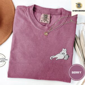 Berry Cat Coffee and Books Embroidered T-Shirt