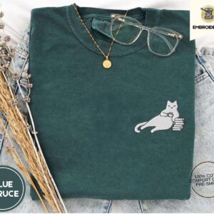 Blue Spruce Cat Coffee and Books Embroidered T-Shirt