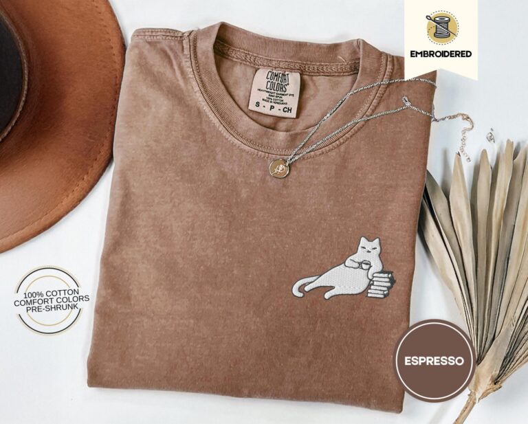 Espresso Cat Coffee and Books Embroidered T-Shirt