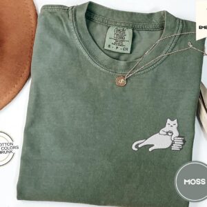 Moss Cat Coffee and Books Embroidered T-Shirt