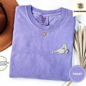 Violet Cat Coffee and Books Embroidered T-Shirt