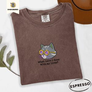 Espresso Cat in Flower Sunglasses Embroidered T-Shirt