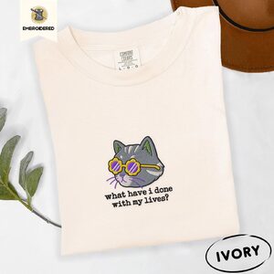 Ivory Cat in Flower Sunglasses Embroidered T-Shirt