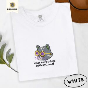 White Cat in Flower Sunglasses Embroidered T-Shirt