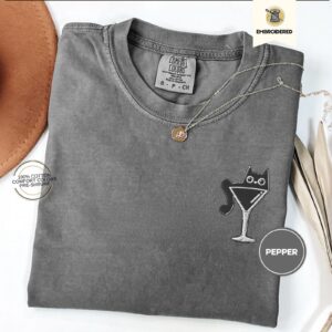 Pepper Cat Martini Glass Embroidered T-Shirt