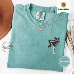 Seafoam Cat Martini Glass Embroidered T-Shirt