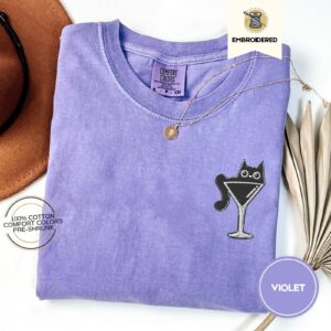 Violet Cat Martini Glass Embroidered T-Shirt