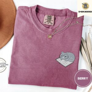 Berry Cat on Open Book Embroidered T-Shirt