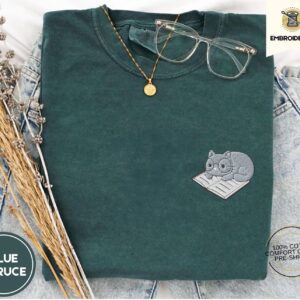 Blue Spruce Cat on Open Book Embroidered T-Shirt