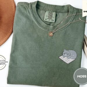 Cat on Open Book Embroidered T-Shirt
