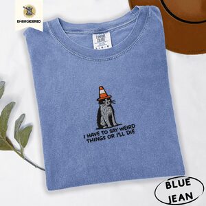 Blue Jean Cat with Traffic Cone Embroidered T-Shirt