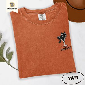 Yam Catini Martini Cat Embroidered T-Shirt
