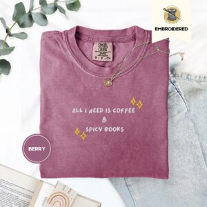 Berry Coffee And Spicy Books Embroidered T-Shirt