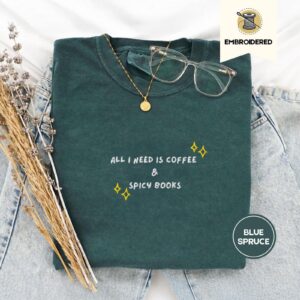 Blue Spruce Coffee And Spicy Books Embroidered T-Shirt