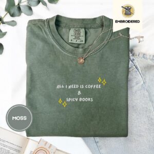 Moss Coffee And Spicy Books Embroidered T-Shirt