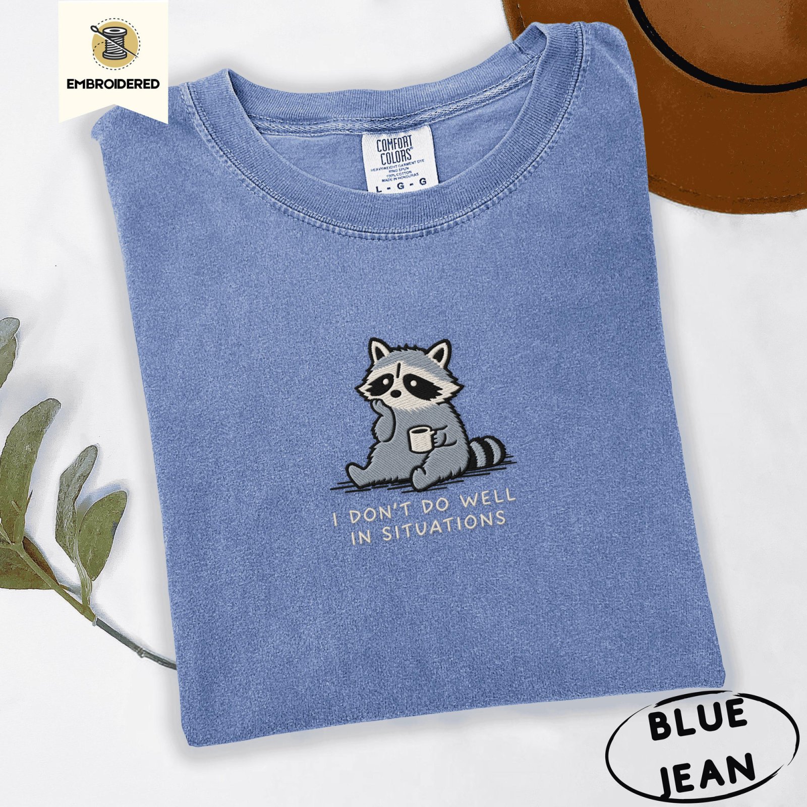 Blue Jean Coffee Cup Raccoon Embroidered T-Shirt