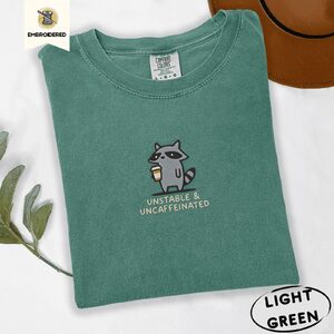Light Green Coffee Raccoon Embroidered T-Shirt