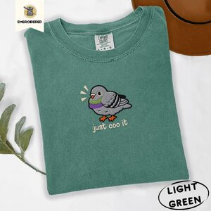 Light Green Cooing Pigeon With Sound Lines Embroidered T-Shirt