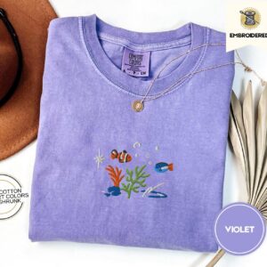 Violet Coral Reef Fish Embroidered T-Shirt