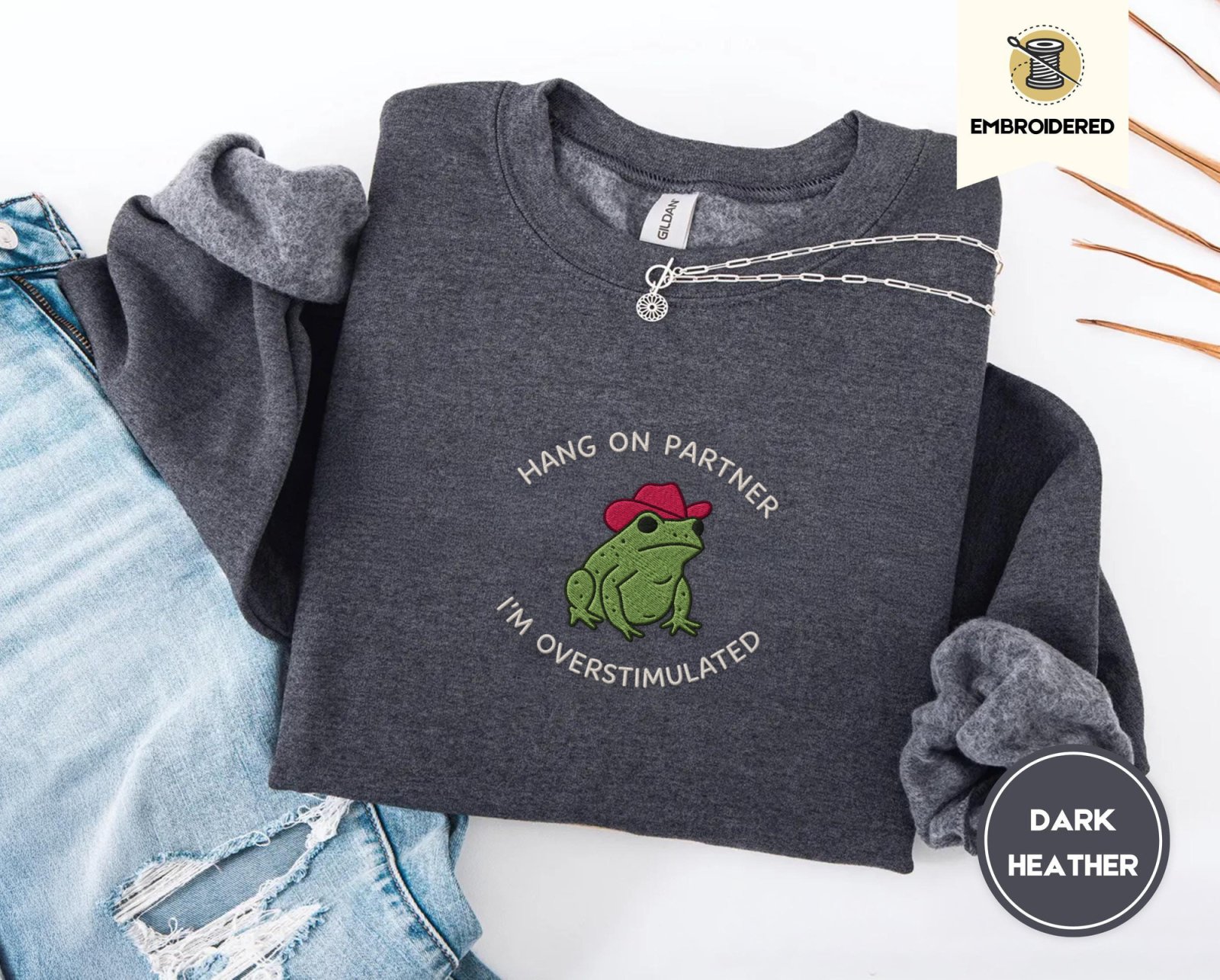 Dark Heather Cowboy Frog Embroidered Sweatshirt