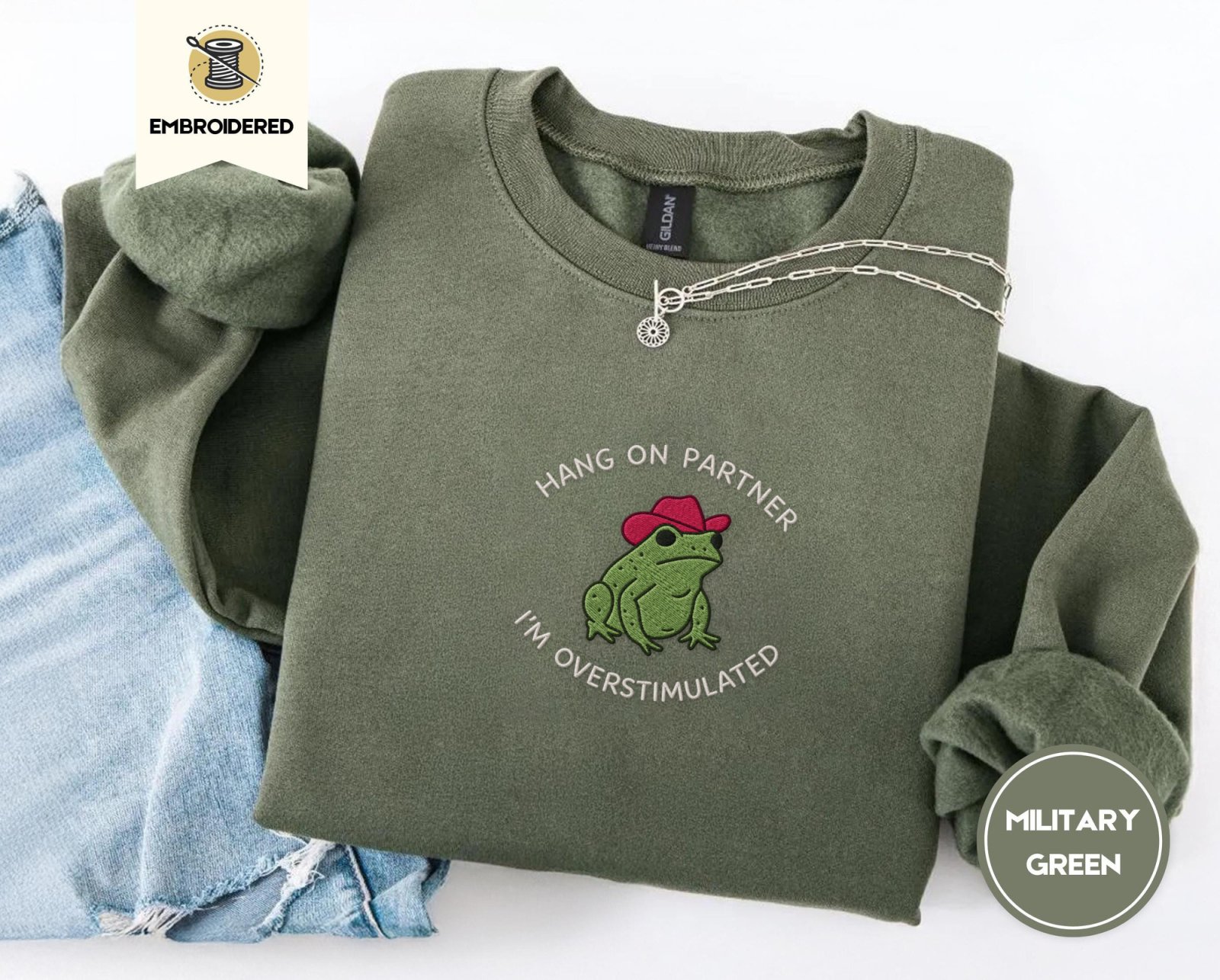 Military Green Cowboy Frog Embroidered Sweatshirt