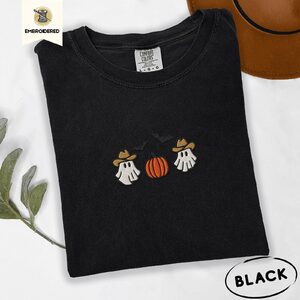 Black Cowboy Ghosts and Pumpkin Embroidered T-Shirt